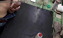 Young skinny girl with small waist masturbates on her workbench at work, solo and sexy