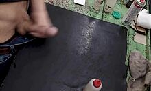 Young skinny girl with small waist masturbates on her workbench at work, solo and sexy