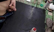 Young skinny girl with small waist masturbates on her workbench at work, solo and sexy