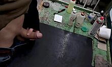 Young skinny girl with small waist masturbates on her workbench at work, solo and sexy