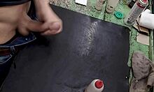 Young skinny girl with small waist masturbates on her workbench at work, solo and sexy