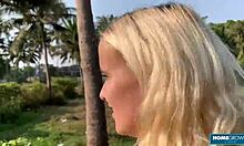 Blondie Lolipop, sexy blonde with tattooed ass, gets bent over in bedroom for fucking.