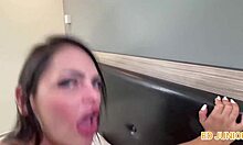 Cockold husband brings his slut to ride big black cock intensely. Mature pornstar with big tits in red and sheer.