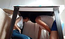 we hid under the table from our stepparents to masturbaate - lesbian girls