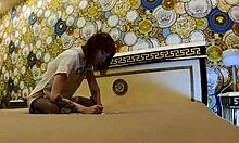 hot tight pussy skinny redhead braless no panties on bed bored in black stockings