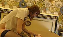 hot tight pussy skinny redhead braless no panties on bed bored in black stockings