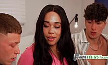 In this taboo fantasy, a teen step cousin takes two cocks at once.