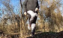 Mother-in-law explores water world in leggings in nature