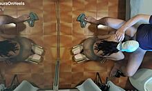 milf in pantyhose and high heels gives blowjob