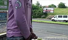 Busty girl gets gangbanged in public threesome by busy highway.