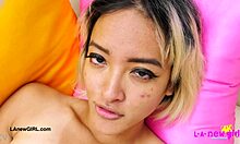 Gorgeous asian model poses in photoshoot interview