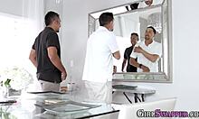 horny stepdaughter with small tits gets facial from big cock