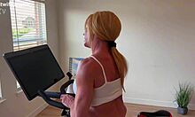 Pretty blonde strips after Peloton workout