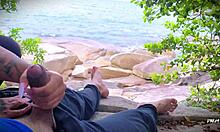 amateur african handjob leads to surprise cum on public beach.