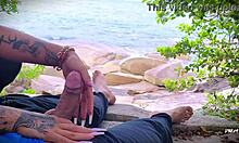 amateur african handjob leads to surprise cum on public beach.