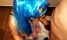 blonde teen sucks and chokes on dick in cosplay costume.