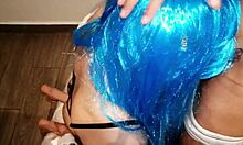 blonde teen sucks and chokes on dick in cosplay costume.