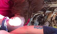 Slutty stepdaughter bends over for anal toy fucking with real doll outdoors