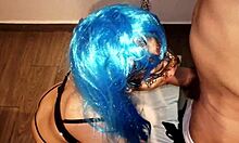 blonde teen sucks and chokes on dick in cosplay costume.