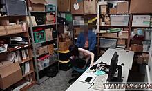 police officer deals with a caught suspect in the store, involving a woman