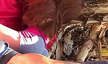 Slutty stepdaughter bends over for anal toy fucking with real doll outdoors