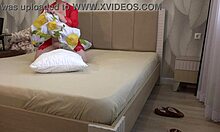 Mature housewife masturbates hairy pussy while changing sheets