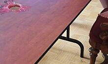 In this fetish scene, a slave gets his cum stomped out by barefoot feet.