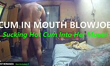 Amateur Sucks Hot Cum into Mouthful During Deepthroat Facial in Bedroom