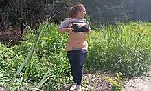 Big boob Latina girl, flashing her tits and ass outdoors?