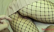 Tutoring my little 18+ step-sister with huge cock doggystyle fucking in fishnets. She moans as her hairy pussy gets pounded until orgasm.