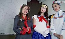 three nasty cosplayers get fucked in turns with big cocks
