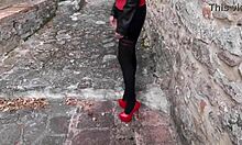 milf walks in pantyhose and high heels for sexy preview.