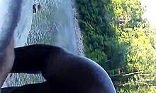 Interracial Couple Engages In Public Bent Over Doggystyle And Blowjob