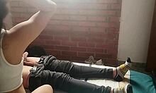 Beautiful young woman swallows entire cock and jerks off nicely.