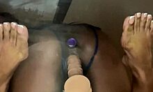 ebony slut takes dildo deep in pussy on desk with best friend