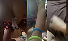 Busty trans teen in miniskirt and socks gets gaping from big black cock on video call