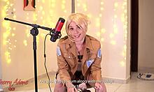 annie leonhart cosplays and squirts on huge sex machine