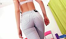 busty skinny brunette shows off her round ass in thong