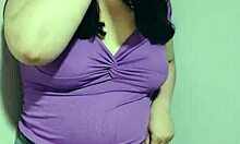 Nicole's teasing with her saggy tits before stuffing her stomach – intriguing contrast.