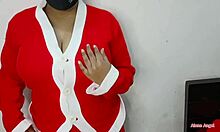 Mature pregnant woman masturbates puffy pussy during Christmas