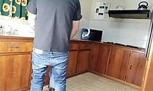 Quickie Kitchen Fuck with Standing Doggystyle Sex on Shaved Wet Pussy