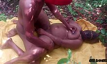 Huge ebony babe banged intensely in doggystyle by bodybuilder.