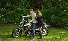 risky sex on motorcycle in park with rough blowjob and cumshot