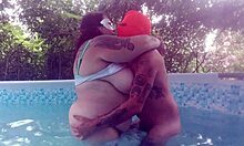 creampie with giant boobs at summer pool