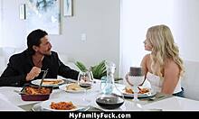 Hot little stepdaughter sucking her stepdad's cock under the table in high definition pov