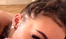 Petite brunette teen model rims, deepthroats, and gets messy cum on face.