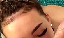 Petite brunette teen model rims, deepthroats, and gets messy cum on face.