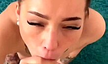 Petite brunette teen model rims, deepthroats, and gets messy cum on face.