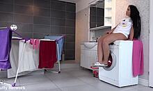 Busty teen 18+ pees on laundry in the laundry room