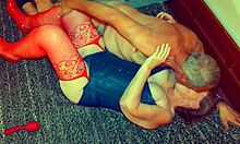 oh wow, granny in blue lingerie fingers my hard dick